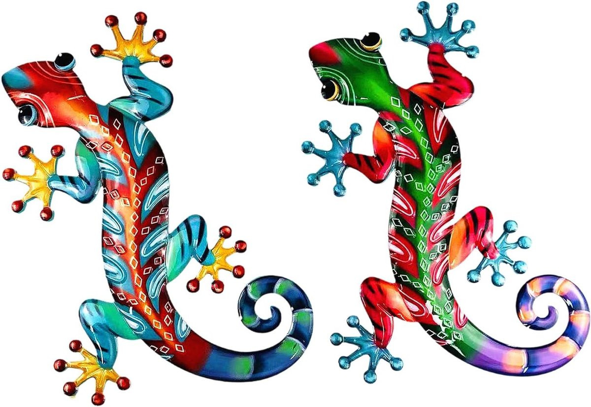 Set van 2 Gekko Wanddecoratie - Handgemaakte Metalen Hagedis Kunst voor Buiten - Regenboog