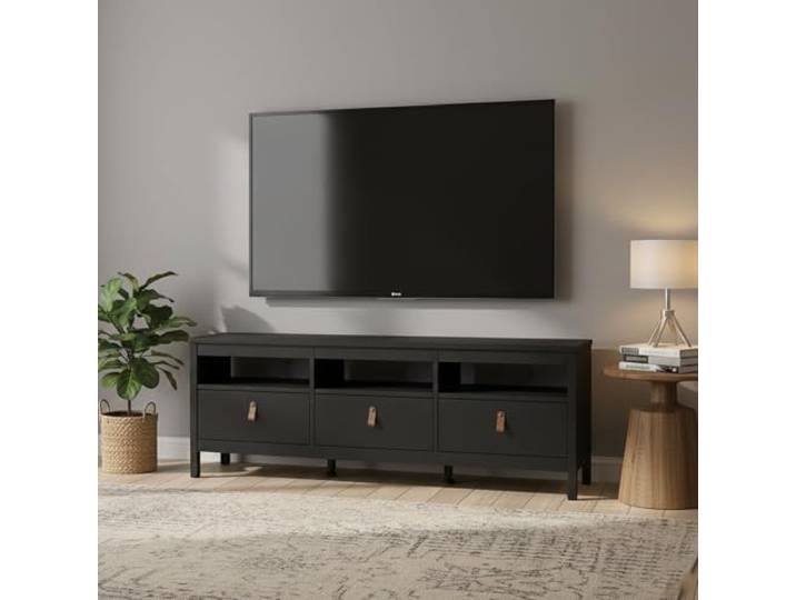 Dmora - Fernsehschrank Liliane, Ständer für Wohnzimmerfernseher, Niedriges Wohnzimmer-Sideboard, TV-Ständerbasis, 151x38 h54 cm, Schwarz