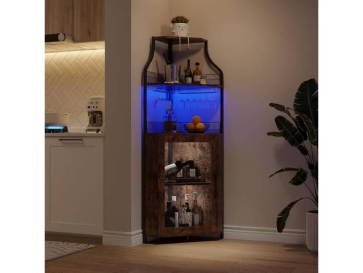 IDEALHOUSE Eck‑Barschrank Hoch, Industrieller Eckweinschrank mit Weinregal Glashalter & Mesh‑Tür für Küche Wohnzimmer verstellbare Regalböden, Gitter‑Mesh‑Tür, Bar‑Schrank für Küche