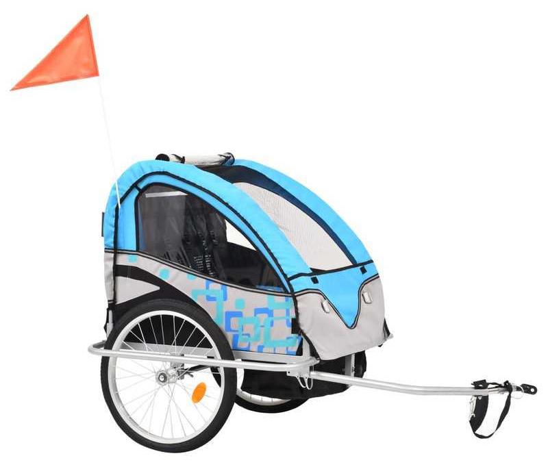 Fahrradanhänger und Kinderwagen in Blau-Grau mit Sicherheitsgurt und einfacher Umrüstung
