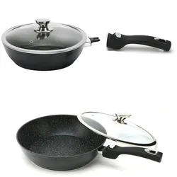 Cheffinger WOK Pfanne 30cm Induktion Aluguss mit Deckel Antihaft Bratpfanne abnehmbarer Griff Marmorbeschichtung Gastronomie Home Wokpfanne Schwarz
