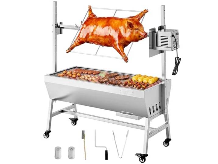 VEVOR Barbecue à Charbon avec Tournebroche Électrique 38 W\, Rôtissoire à Charbon de Bois Capacité de Charge 60 kg\, avec Roues et 7 Niveaux de Hauteur\, Broche en Inox\, pour Agneau Porcelet\, Camping