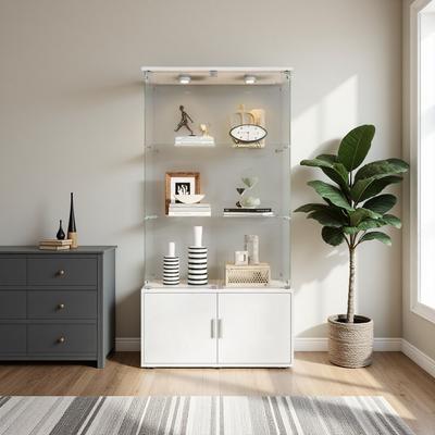 ZWYO HOSIMU "64.6"" Glass Cabinet with Double Doors, 4-Tier Display Shelf, Remote-Controlled RGB Lights, Adjustable Feet,"