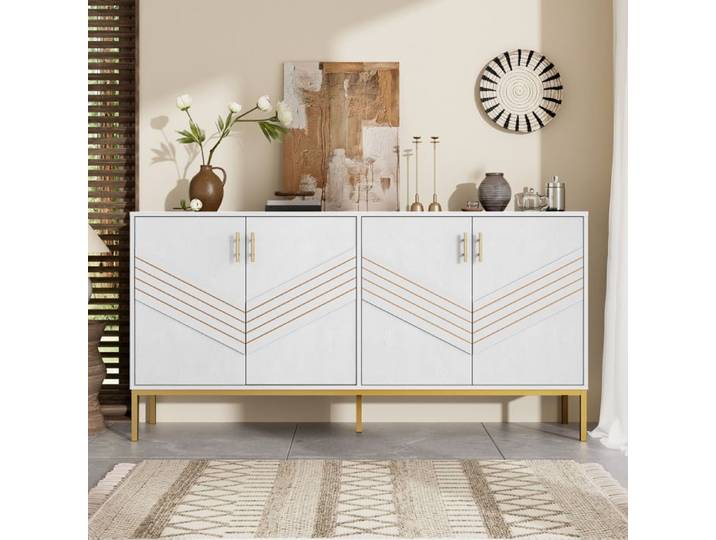 Buffet Moderne 4 Portes Blanc et Or MDF Pieds Métal Rangement