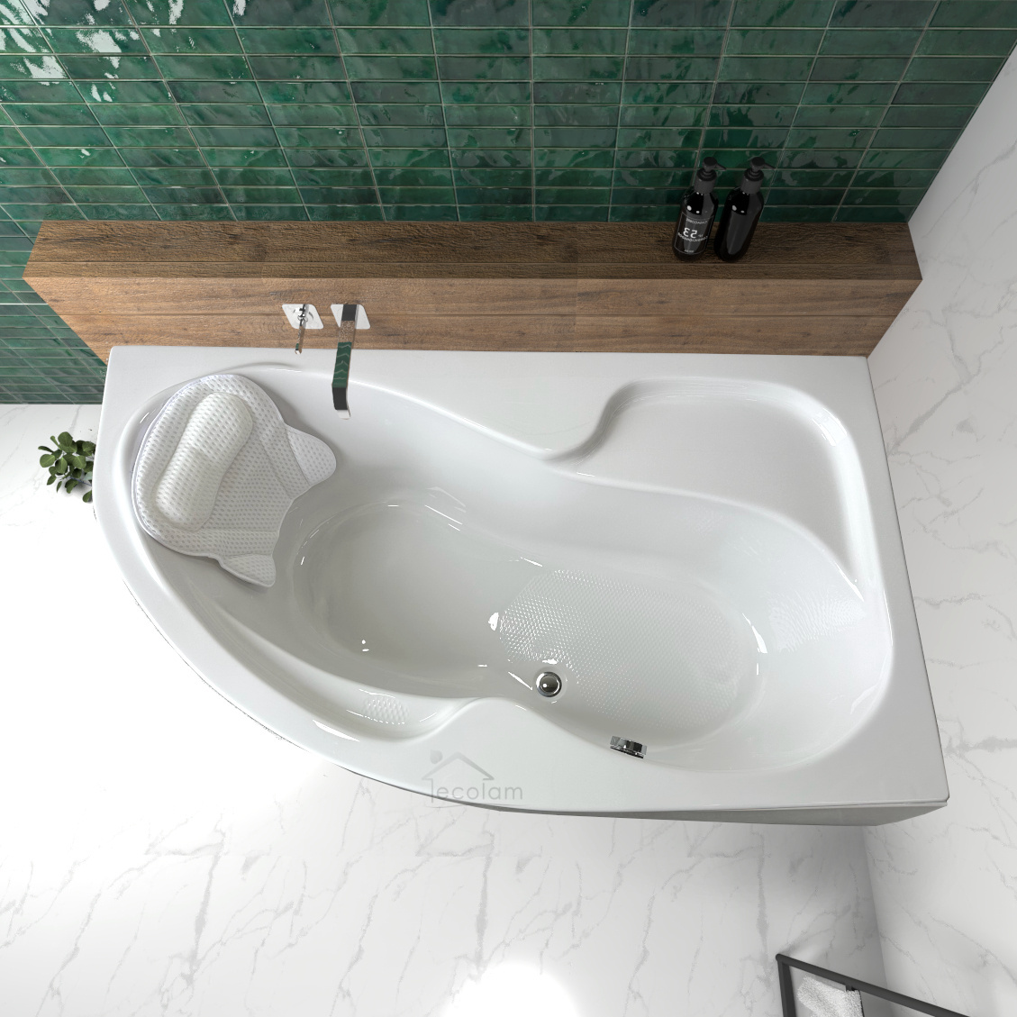 ECOLAM Badewanne Wanne Eckwanne Eckbadewanne Acryl weiß Wela 160x100 cm RECHTS + Kopfkissen Mare + Schürze Ablaufgarnitur Viega