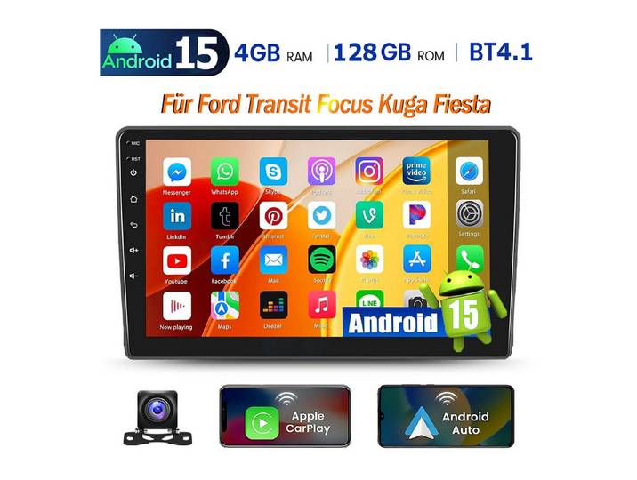 ESSGOO 9'' DAB+ Für Ford Transit 2006-2014 Android15 Autoradio GPS Carplay BT Autoradio (RDS, BT, 4+64GB(optional), Digitalradio (DAB), FM, GPS, Apple Carplay Android Auto GPS Navi WIFI BT 4.1 EQ RDS SWC)