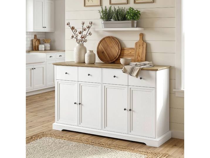 HOMCOM Buffet Cuisine Blanc 4 Portes 2 Tiroirs Plan Marron