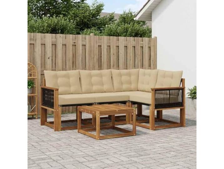 HFMDRMU Moderne Outdoor-Sofagarnitur mit Kissen 5-teilig, Natur und Beige, aus massivem Akazienholz und Textilene-Sitzfläche, abnehmbare Kissen mit Reißverschluss, Tischplatte