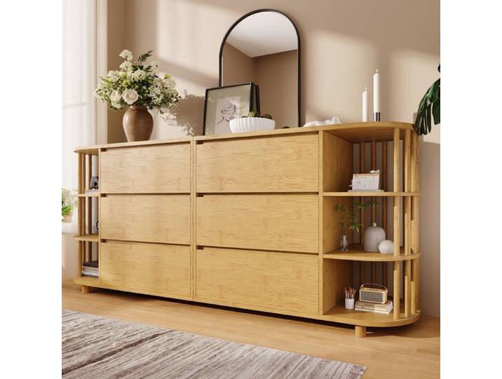 Buffet romain 160x40x75 cm - chêne - 6 tiroirs + étagères bambou