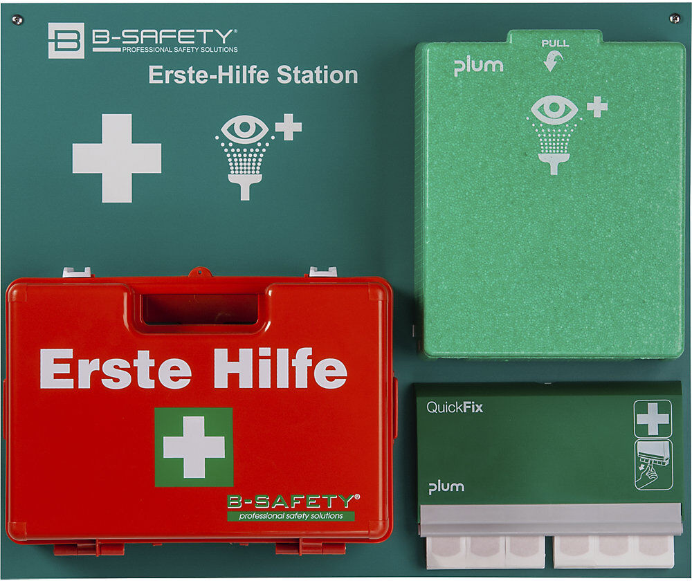 Erste-Hilfe-Station, CLASSIC No. 1, inkl. Augenspülflaschen-Wandbox, Pflaster, Erste-Hilfe-Koffer B-SAFETY