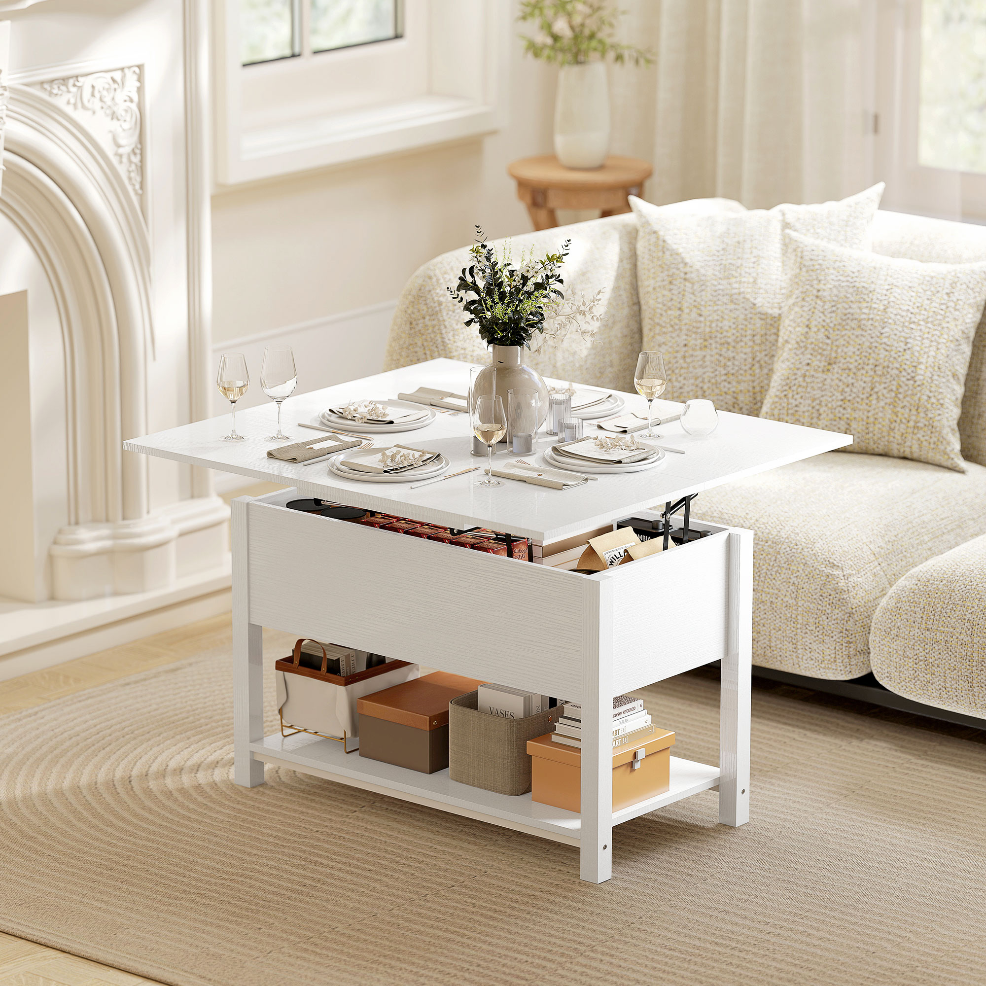Homcom Tavolino sollevabile ed estensibile, con scomparto nascosto e ripiano aperto 100x45x50,5cm Bianco   Aosom Italy