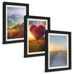 BILDER SET 3er Set - 20x30 cm Schwarzer Rahmen - Landschaften Berge Baum Herz Pier