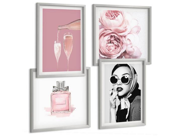 BILDER SET 4er Set - 50x50 cm & 40x60 cm Silberner Rahmen - Stilvolle pinkfarbene Accessoires