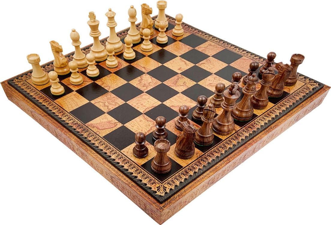 Italienisches Schachset Akazienholz Classic Premium + Schachbrett Weltkarte 48