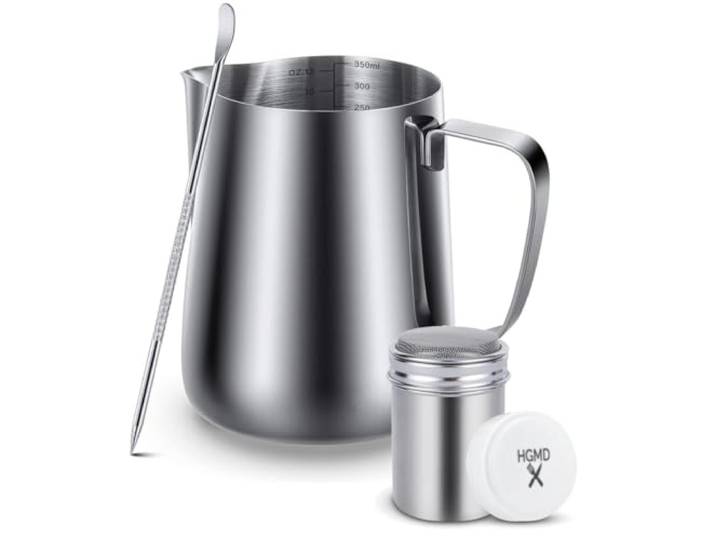 HGMD Melkkan 350ml - Melkkannetje opschuim - Melkopschuimkan - Milk Pitcher - Melkkannetje - Inclusief Art Pen & Strooipotje - Latte Art - RVS