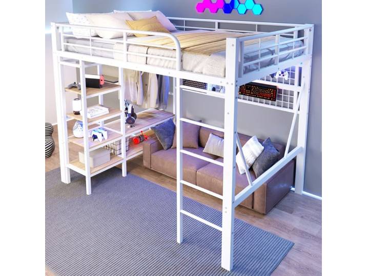 Lit mezzanine Double 140×200 cm LED étagère et barre de suspension - YEAVIO - sans matelas métal - blanc