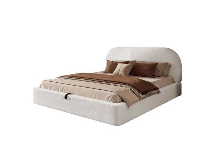 ULEVR Lit double 180 x 200 cm en tissu bouclé beige avec sommier à lattes et coffre hydraulique
