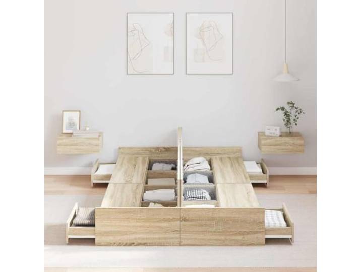KTHLBRH Boxspringbett 120 x 190 cm Eiche Sonoma 4 Schubladen, Massivholz Kiefer, 200 kg Kapazität, moderner Stil