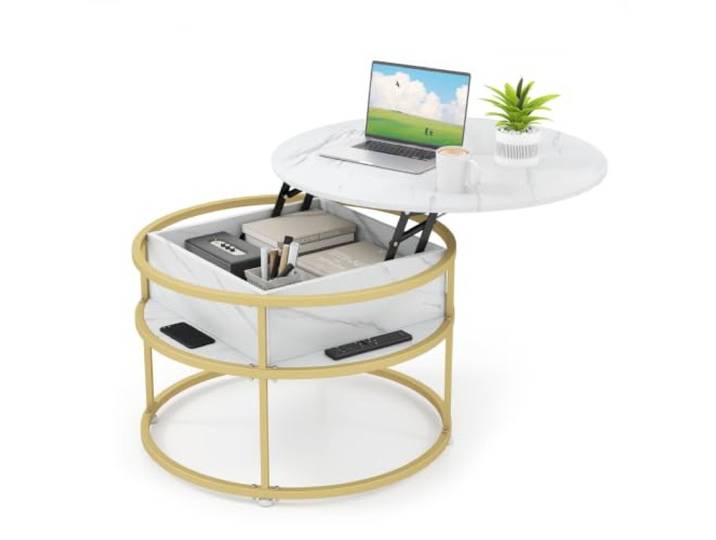 Helloshop26 Couchtisch rund mit aufklappbarer Platte, 80 x 80 x 49 cm, mit Aufbewahrung, verstecktes Fach und Seitenablagen aus Holz, weiß, 20_0013817