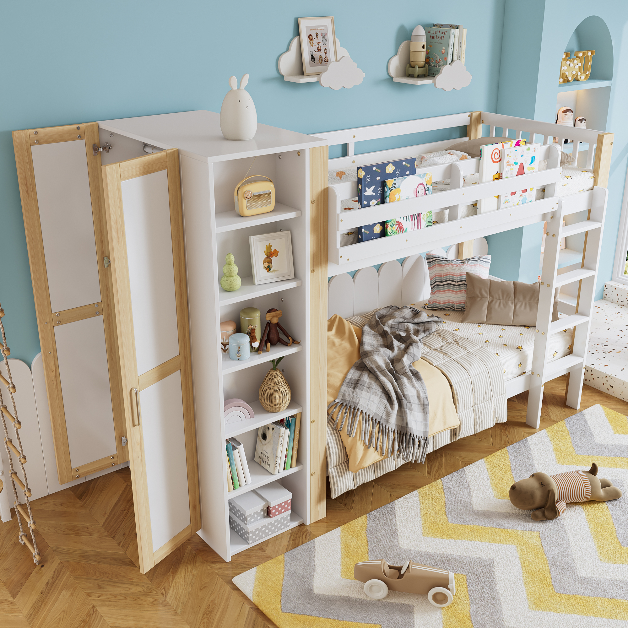 Flieks Etagenbett 90x200cm mit Kleiderschrank und Bücherregal, Hochbett Kinderbett mit Rausfallschutz und Lattenrost, Stockbett Weiß