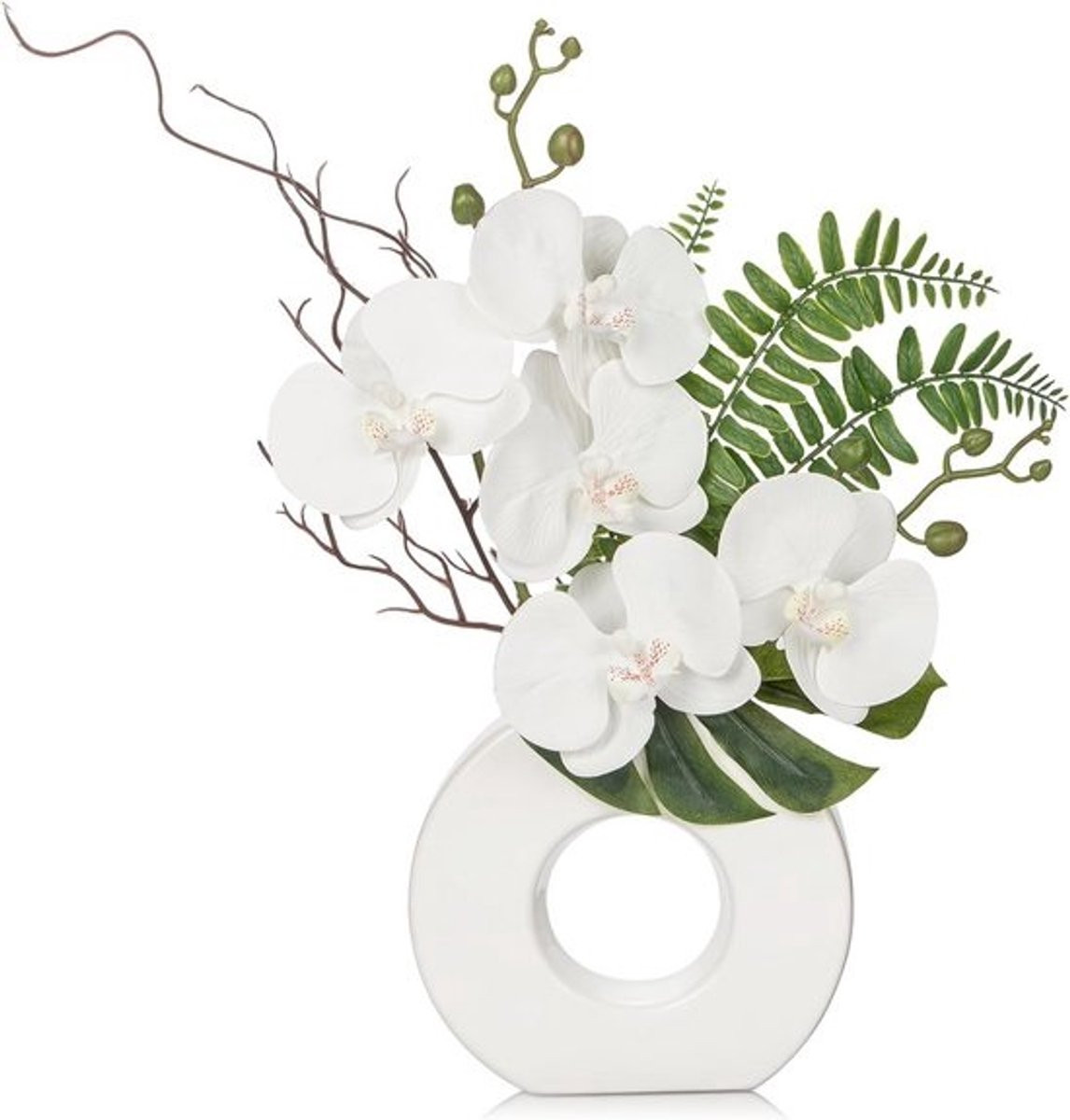Kunstplant orchidee met keramische donutvaas, Wit, Hoogte: 41 cm