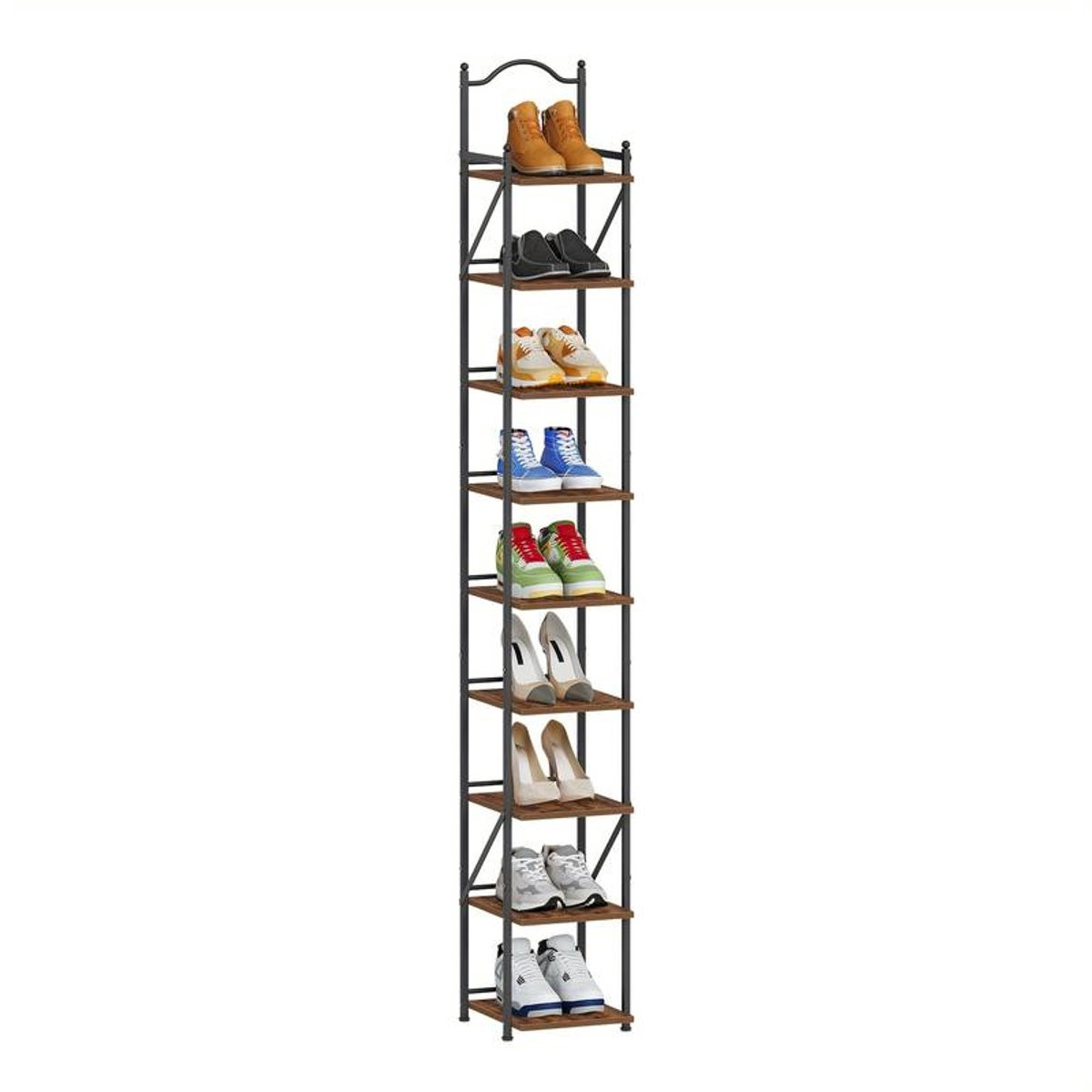 9-Laags Smal Schoenenrek – Verstelbare Verticale Schoentoren – Ruimtebesparend Staand Schoenenrek voor de Hal – Hout en Metaal – Modern Design – Zwart en Bruin
