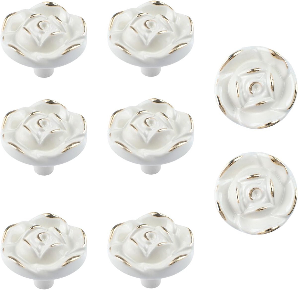 SnelShoppen Vintage Rose Flower Cabinet Knobs - 8 Stuks - Antieke Zinken Handgrepen met Gouden Rand - Ivory Wit