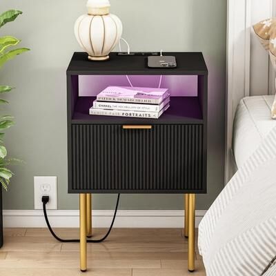 No Nightstand with Charging Station and LED Lights