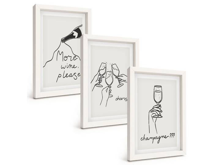 BILDER SET 3er Set - 20x30 cm Weißer Rahmen - Champagner-Wein-Linienzeichnung