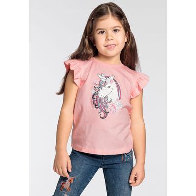 T-Shirt KIDSWORLD "mit Einhorn-Druck", Mädchen, Gr. 140/146, rosa, Single Jersey, Obermaterial: 100% Baumwolle, bedruckt, Basic hüftlang, Rundhals, Shirts T-Shirt, Kurzarm, basic geschnitten, mit modischem Druck
