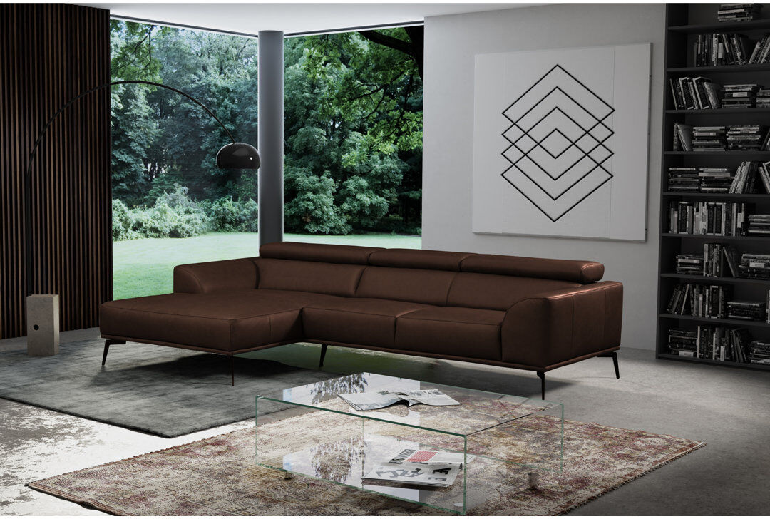 Ivy Bronx Blagovesta Genuine Semi-Aniline Leather Corner Sofa with Upholstered Frame Choco 92cm H X 283cm W X 173cm D
