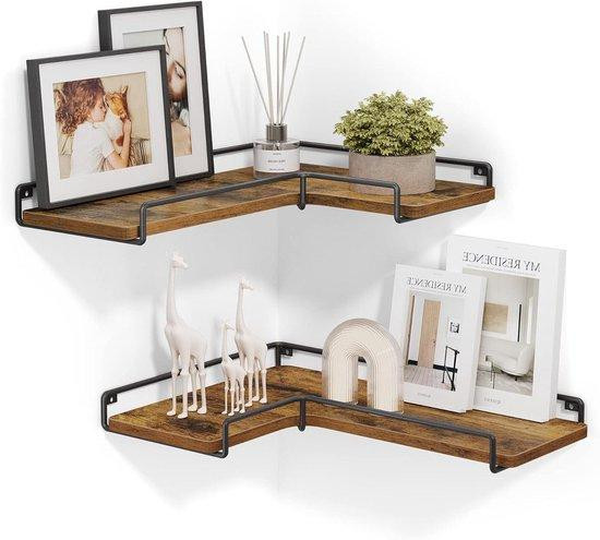 VASAGLE Hoekplanken Set van 2 met Geïntegreerde Verlichting - Wandmontage - Vintage Bruin Zwart