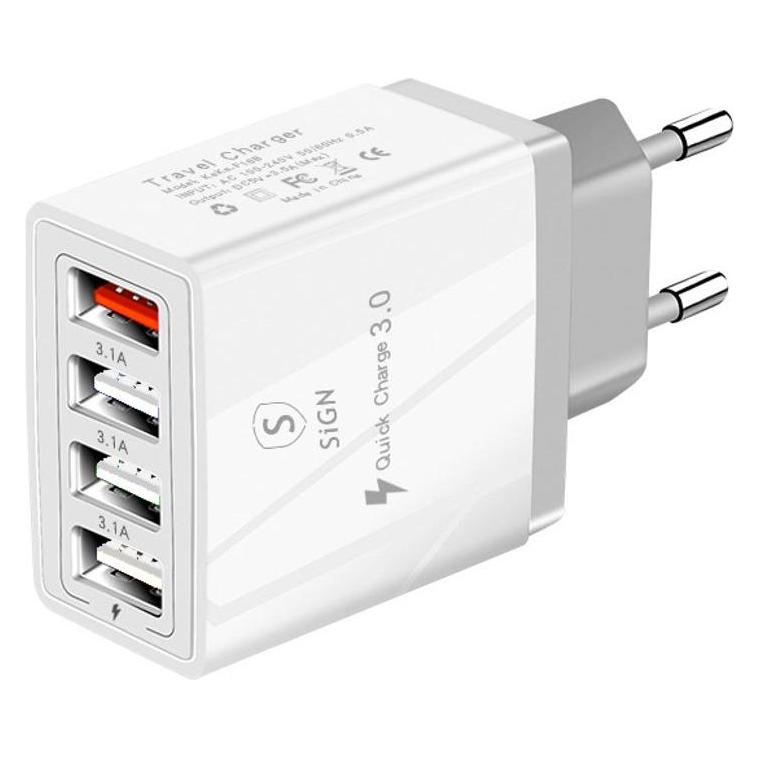 SIGN Fast Charger 4xUSB-A, PD & Q.C 3.0, 33W - White (33 W, 4 Ports) (SN-A4P)