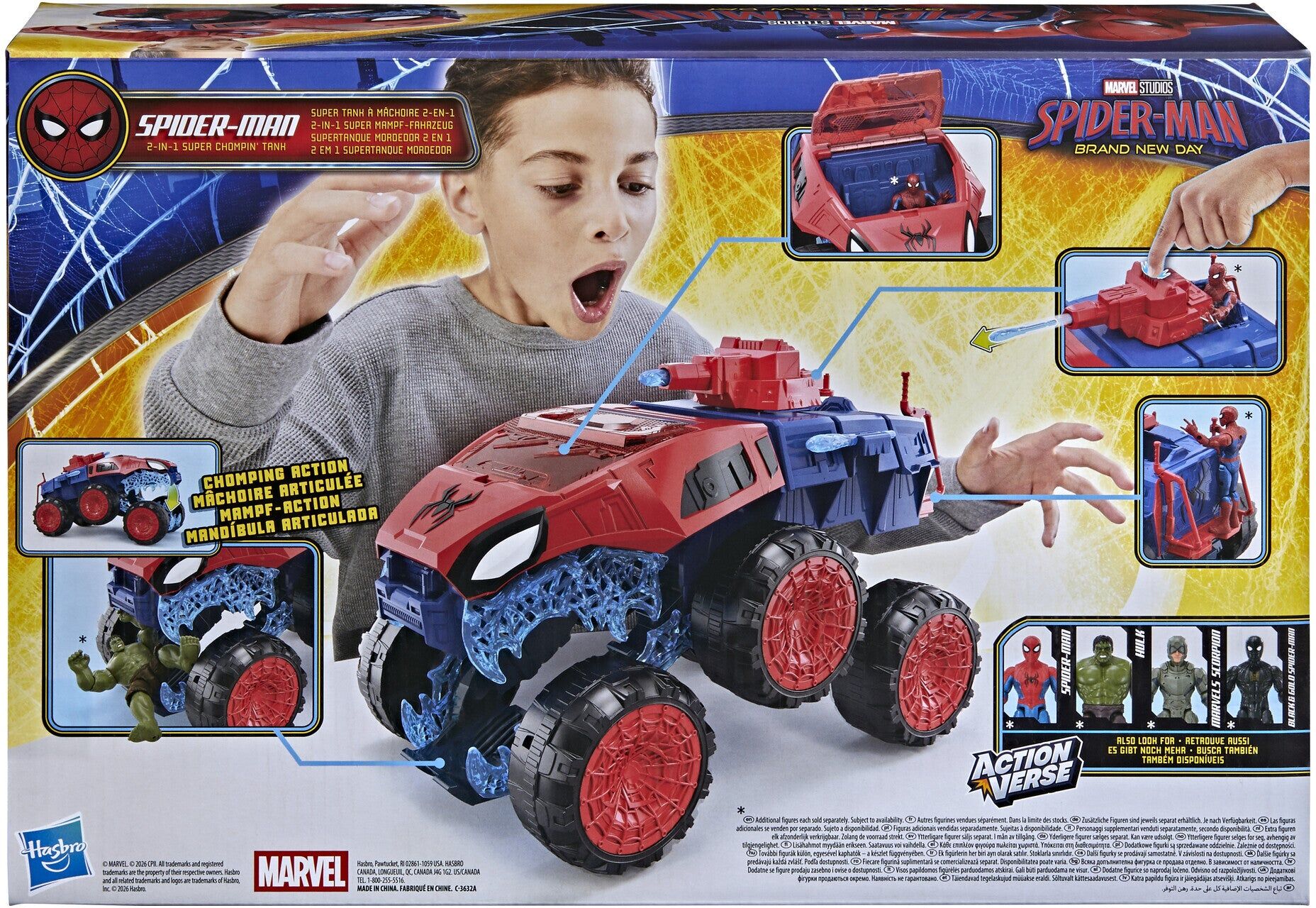 Marvel Spider-Man 2-in-1 Super Chompin’ Armoured Vehicle for Kids - Red & Blue - Hasbro