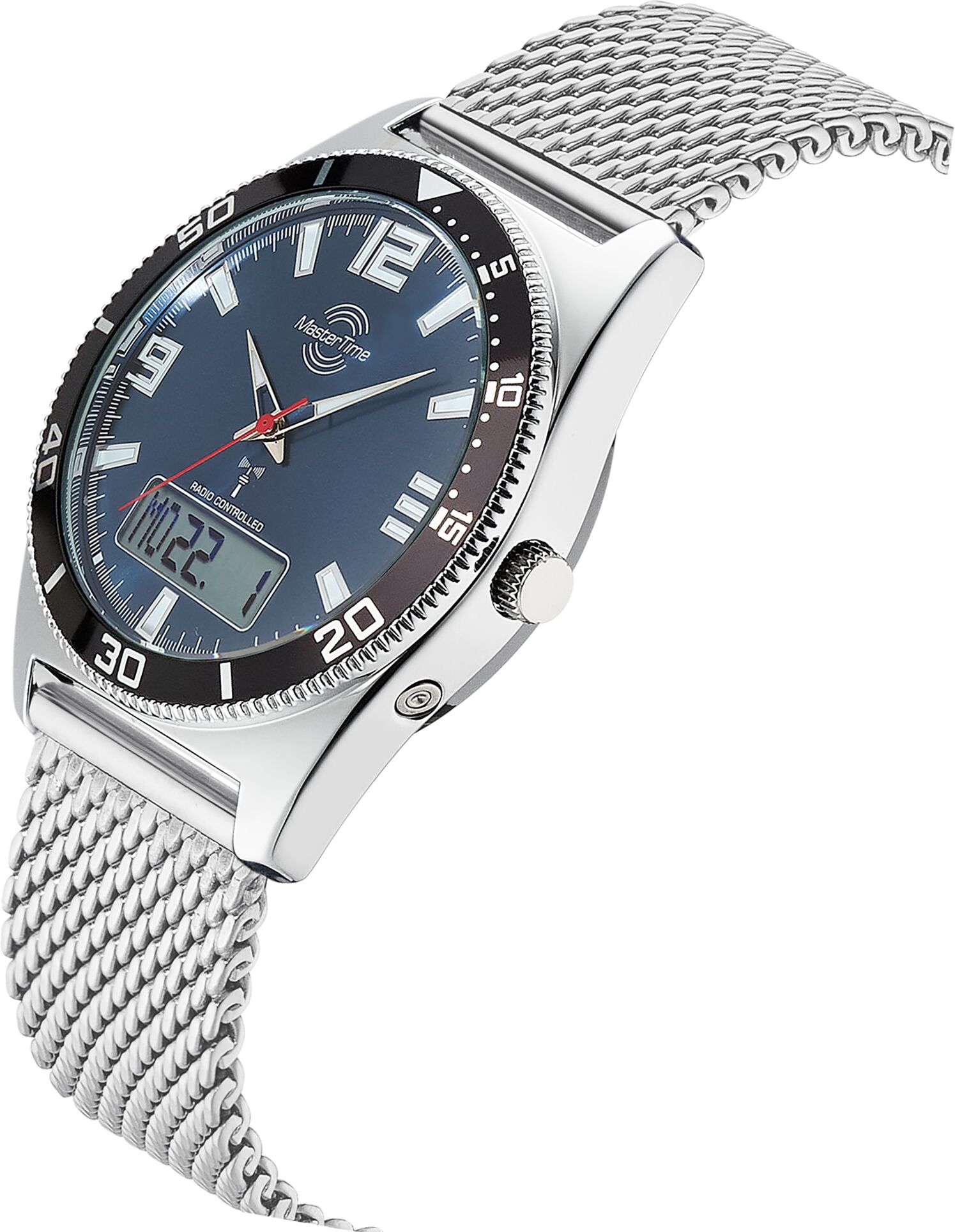 Funkchronograph MASTER TIME, silber (silberfarben, blau), Armbanduhren, Herren, silberfarben, Funkchronograph, Quarzuhr, Armbanduhr, Herrenuhr, Edelstahlarmband, analog, digital