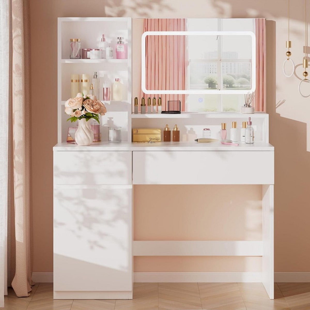Sierra Make-uptafel met verlichting en spiegel met instelbare helderheid, modern wit make-upbureau met 2 laden en open planken