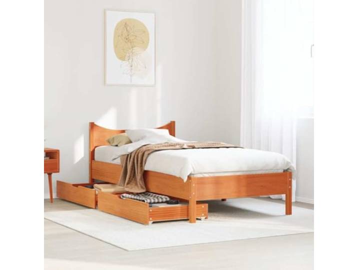 KTHLBRH Bettgestell mit Schubladen, braun, Wachs, 100 x 200 cm, Massivholz Lattenrost inklusive, 2 Schubladen mit Rollen, Kapazität 100 kg, für Matratze 100 x 200 cm