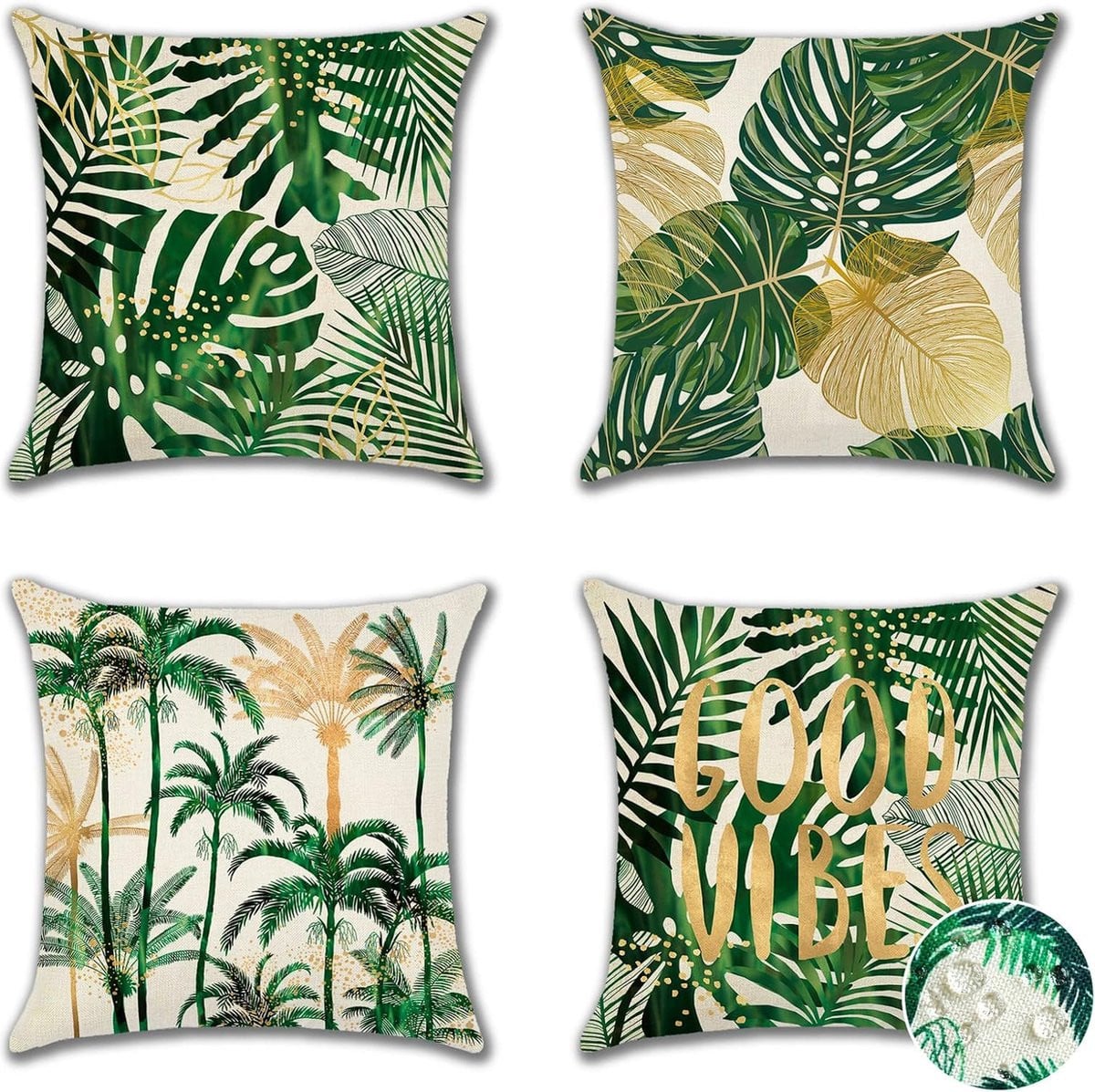 Set van 4 waterdichte decoratieve kussenhoezen met tropische bladeren, 45 x 45 cm