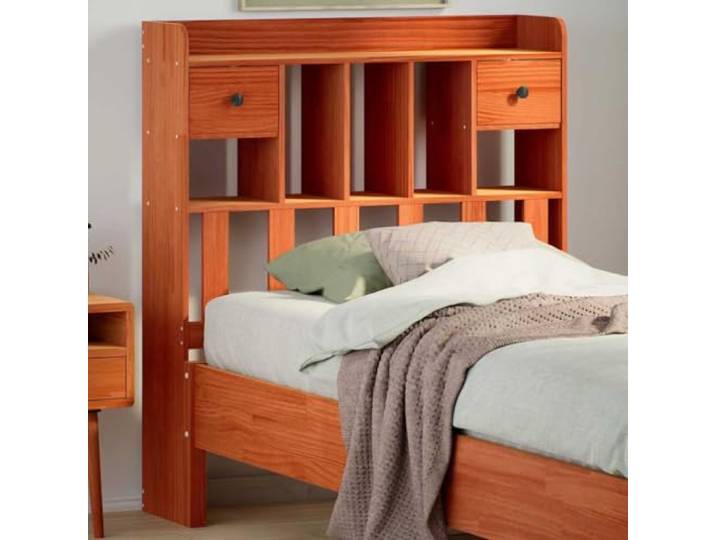 Bettbett mit Einlegeböden und Schubladen, Kiefer, wachsbraun, 100 cm