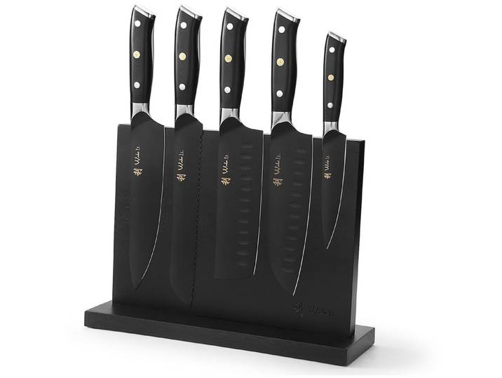 Wakoli Messer-Set Titanium Noir 5er Küchenmesser Edelstahl & magnetischer Messerblock (5er Edelstahlmesser-Set, 6-tlg., 5 Edelstahlmesser, mag. Messeblock), schwarze Titanbeschichtung