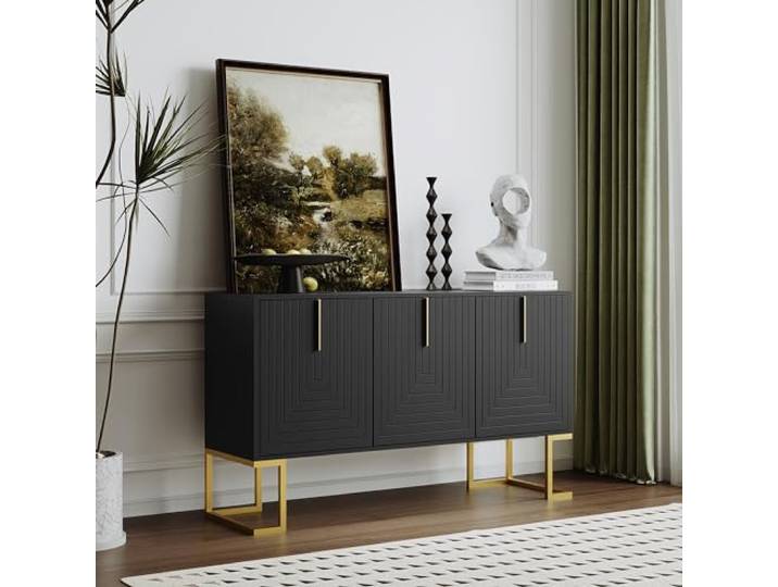 Merax Modernes 3-türiges Sideboard mit verstellbaren Regalen, U-förmigen Schranktüren und Metallgriffen und Sockel für Esszimmer und Küche (Schwarz)