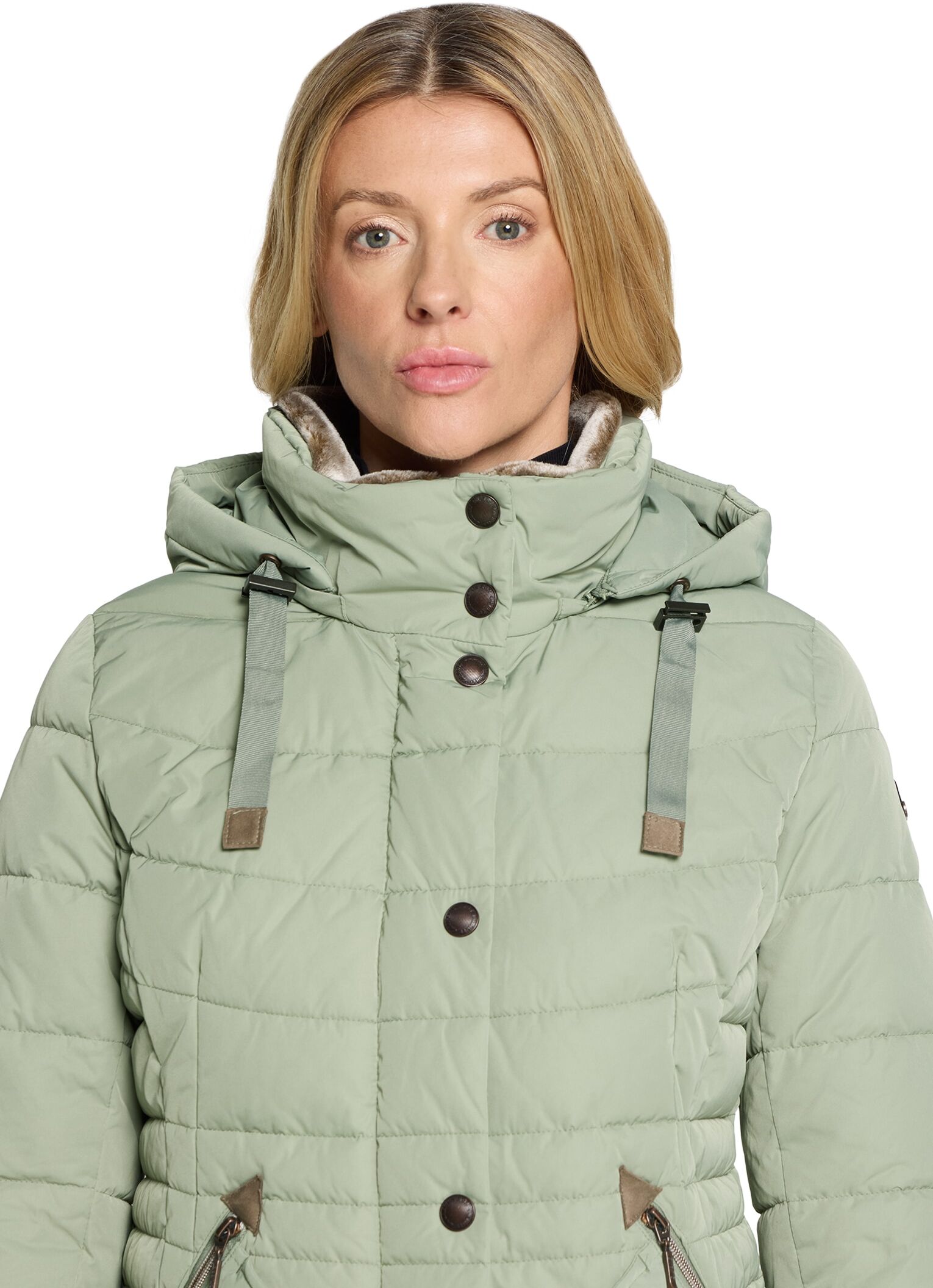 Steppmantel GIL BRET, Damen, Gr. 42, grün (tea), Steppware, Obermaterial: 100% Polyester, unifarben, tailliert ca. Mitte Oberschenkel, Rundhals, abgesteppte Kante, Mäntel Steppmantel, Wintermantel mit abnehmbarer Kapuze/Fellimitat tea 42