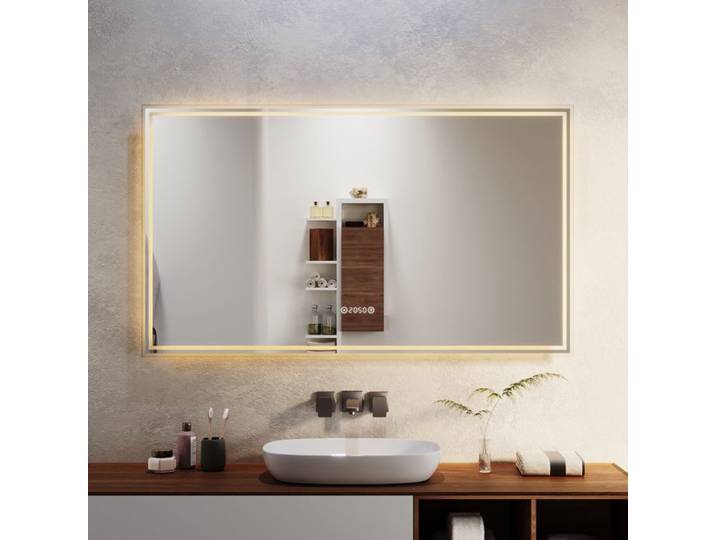 Miroir horloge LED Anti-buée Bluetooth Horizontal SIRHONA Miroir Lumineux Salle de Bain 120x70cm