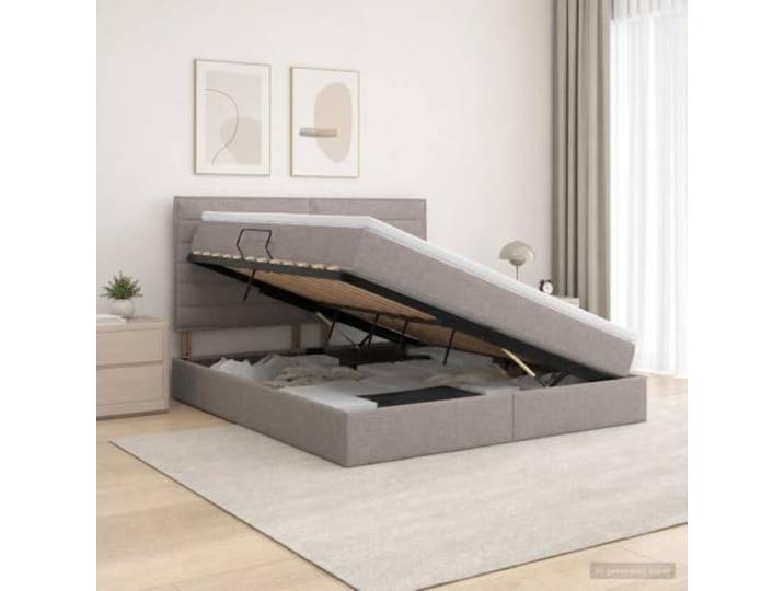 Bett mit Stauraum und Matratze, Taupe, 180 x 200 cm, Stoff Ecle Taupe, hydraulische seitliche Hebung, großes Stauraum, Höhe 48,5 cm, mittlere Festigkeit Matratze