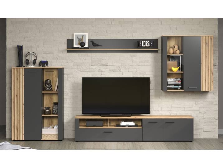 Wohnkombination Esteban , Anthrazit / Coast Evoke Oak , 4-teilig Komplettset
