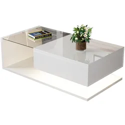 OKWISH Hochglanz Couchtisch mit Ablagefach und LED-Beleuchtung, gehärtetes Glas, modern, stilvoll, 105x55x32 cm, Weiß