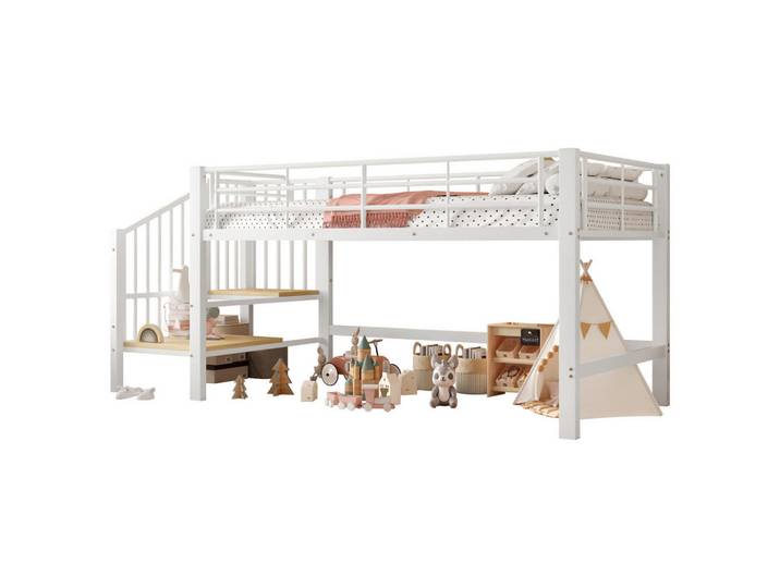 Modenvie Hochbett Halbhohes Hochbett 90/200 cm aus MDF und Metall mit Stauraumtreppe Weiß, 90x200 cm, Babymöbel & Kindermöbel, Kinderzimmer & Jugendzimmer, Kinderbetten, Hochbetten