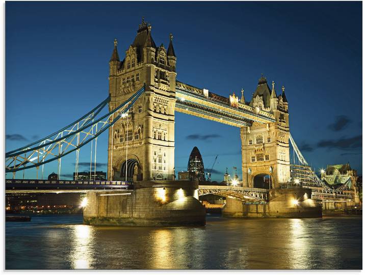 Glasbild ARTLAND Tower Bridge Abenddämmerung London , blau (farbe bild(er): blau), B:80cm H:60cm, Bilder, Glasbild, in verschiedenen Grössen