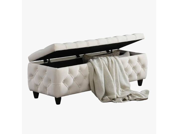 Banquette coffre capitonné en velours écru