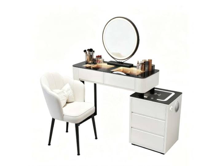 ANHFYS Schminktisch Set mit Spiegel und Glasplatte, Vormontiert Modern Multifunktionaler Frisierkommode mit Stühlen und 5 Schubladen für Schlafzimmer, Einfach zu Montieren, 100x40x76cm